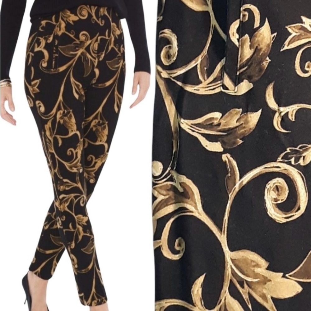 Chicos NWT Elegant Black and Gold Floral Pants Sz 4
